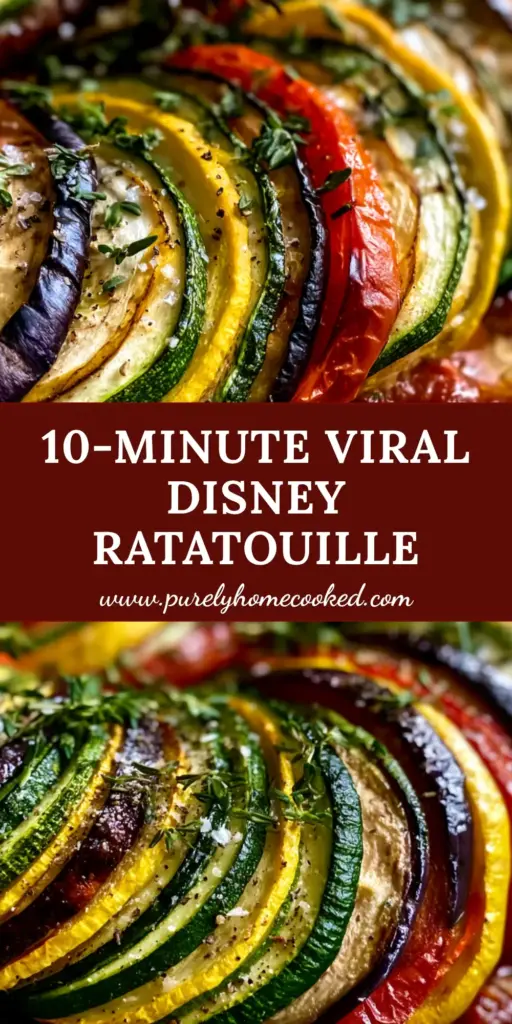 A rustic weathered sheet pan featuring a tight spiral of paper-thin zucchini, yellow squash, eggplant, and Roma tomatoes over a red sauce. (Ratatouille recipe)