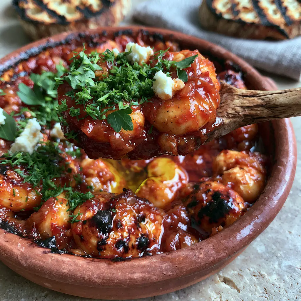 Gigantes Plaki: The Ultimate Greek Baked Giant Beans Recipe 1 Overhead shot of Gigantes Plaki with thick tomato sauce, feta crumbles, and charred sourdough bread in the background.