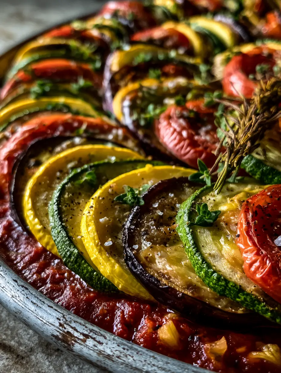 Extreme close-up of vibrant vegetable slices arranged in an overlapping pattern for a Ratatouille recipe.