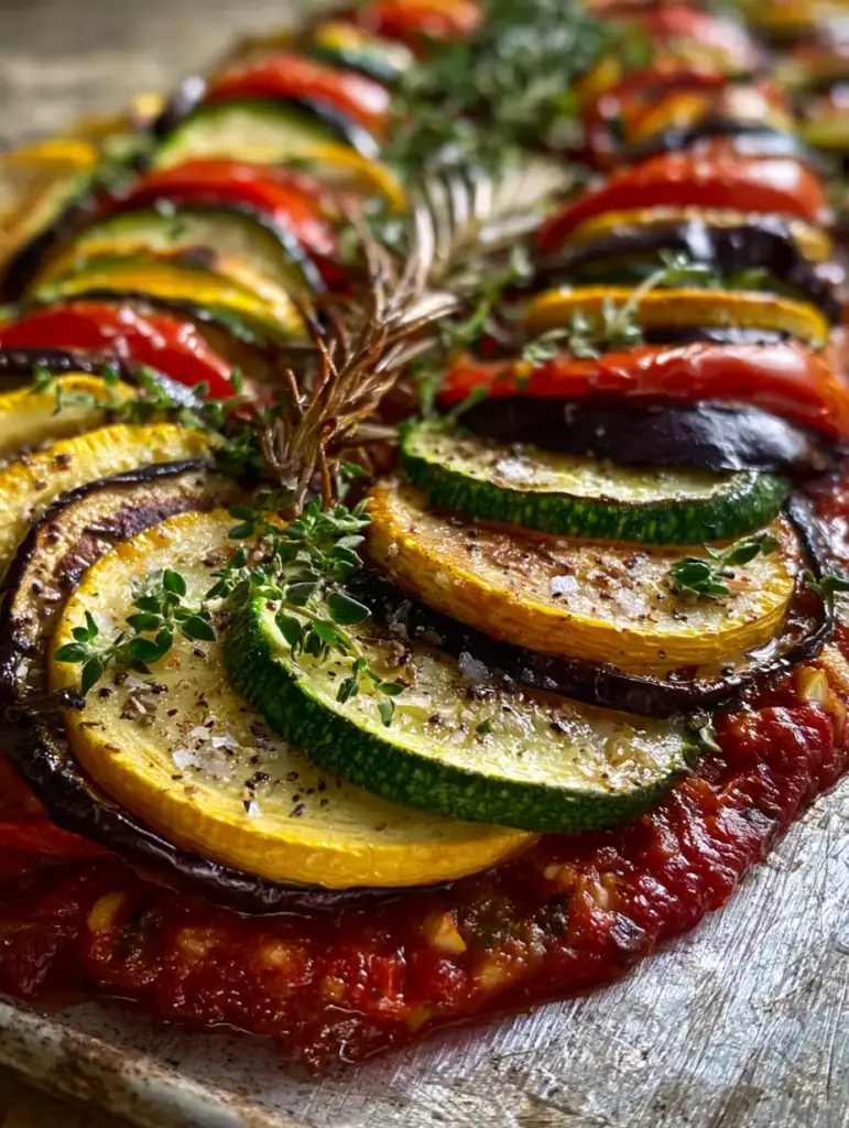 Close-up of charred vegetable edges and fresh thyme garnish on a sheet pan Ratatouille recipe.