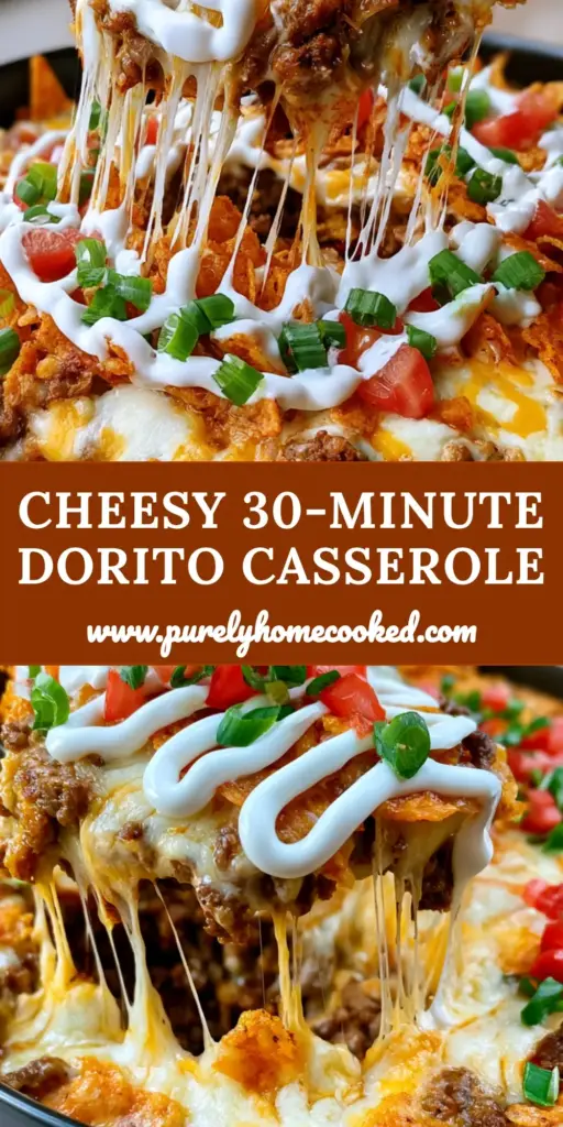 A close up of a Mexican Dorito Casserole in a matte black dish featuring melted cheddar cheese, crushed chips, and a sour cream drizzle.