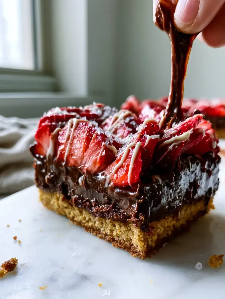 Easy Dessert Recipes: No-Bake Dark Chocolate Strawberry Ganache Bars 1 Close up of glossy dark chocolate ganache topped with fresh strawberries and sea salt. (easy dessert recipes)
