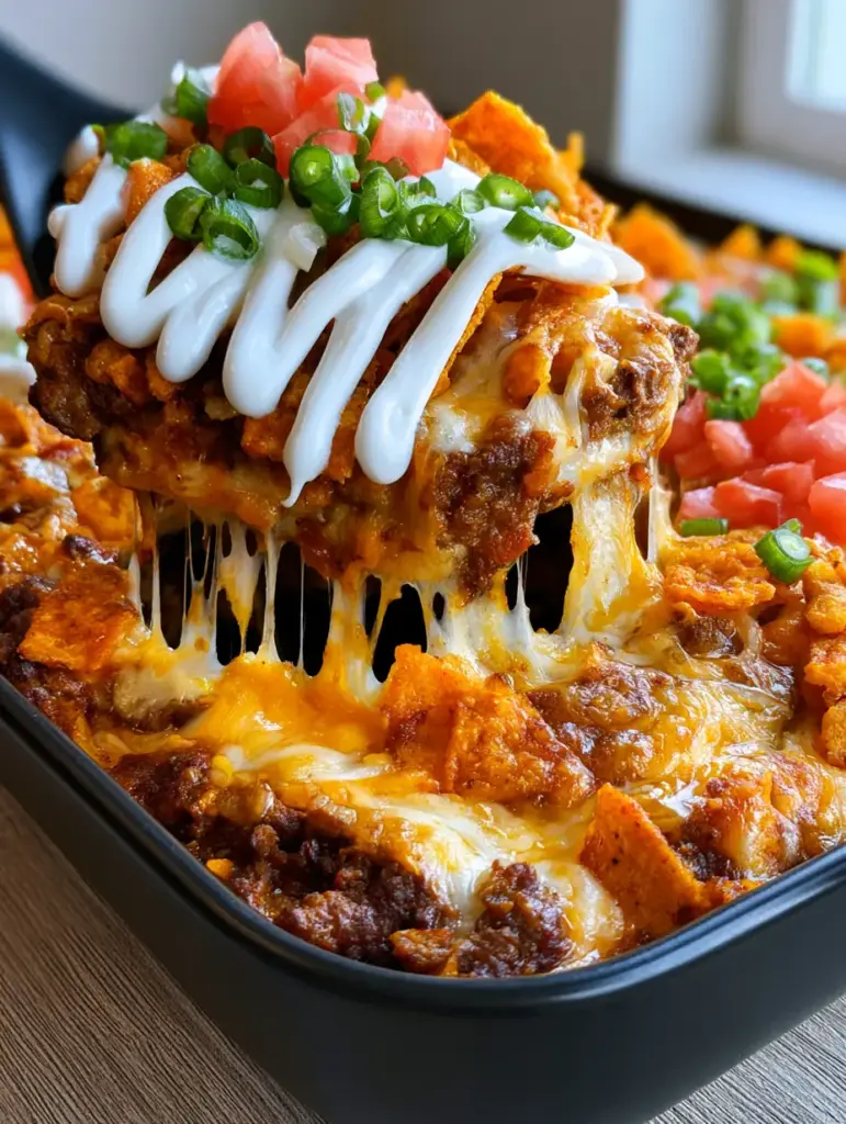 Top down view of a Mexican Dorito Casserole with jagged chips, fresh green onions, and vibrant red tomatoes.