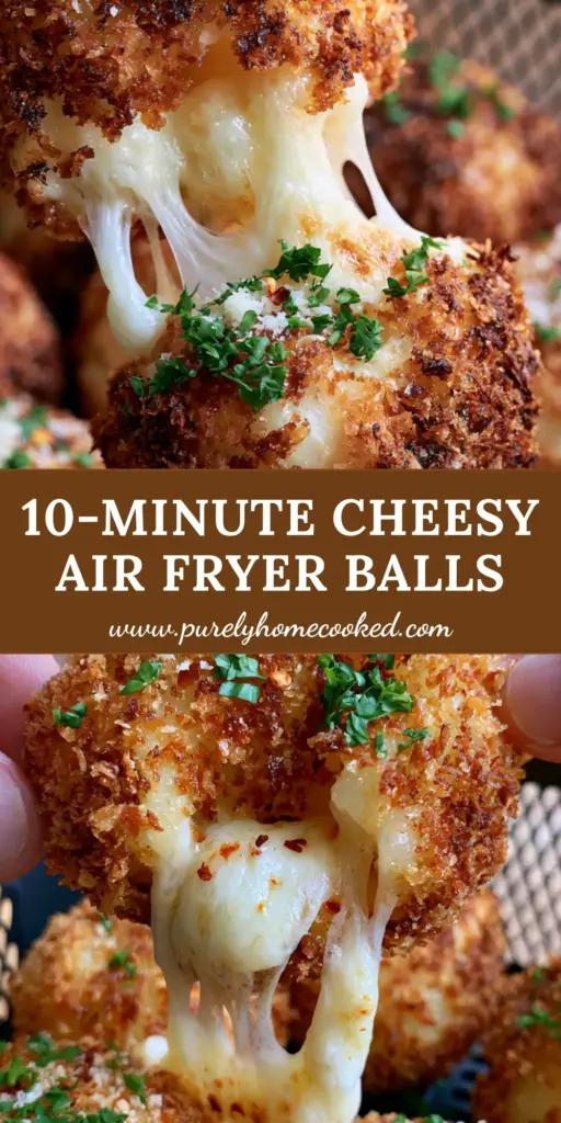A vertical Pinterest pin showing golden-brown air-fried potato balls with a thick mozzarella cheese pull. (potato balls recipe)