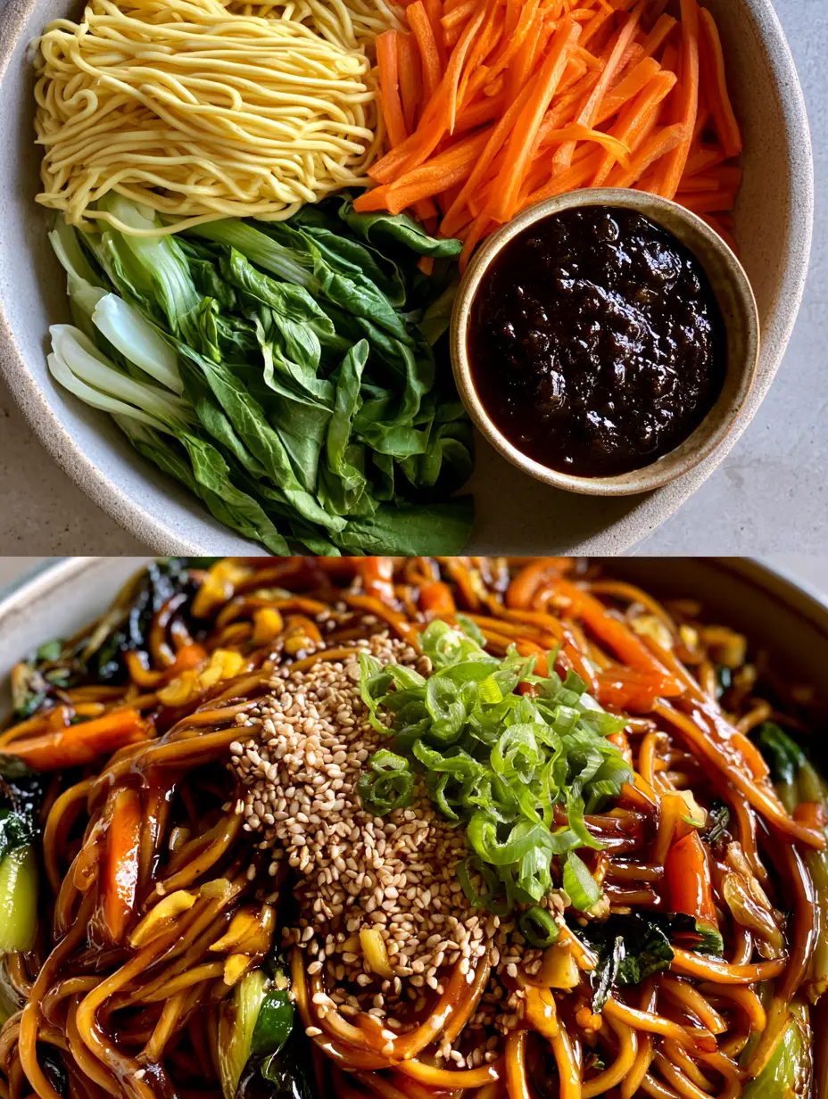 Lo Mein Noodles with a Shimmering Dark Amber Garlic Soy Glaze 4 Top frame showing raw egg noodles, carrots, and bok choy; bottom frame showing the finished caramelized lo mein noodles with dark soy glaze.