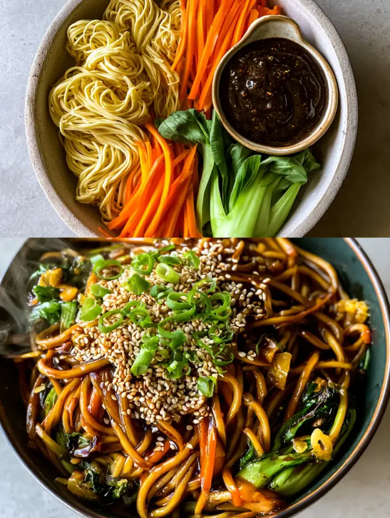 Lo Mein Noodles with a Shimmering Dark Amber Garlic Soy Glaze 1 Close-up of lo mein noodles showing the viscous, shimmering dark amber sauce, charred bok choy edges, and golden garlic bits.