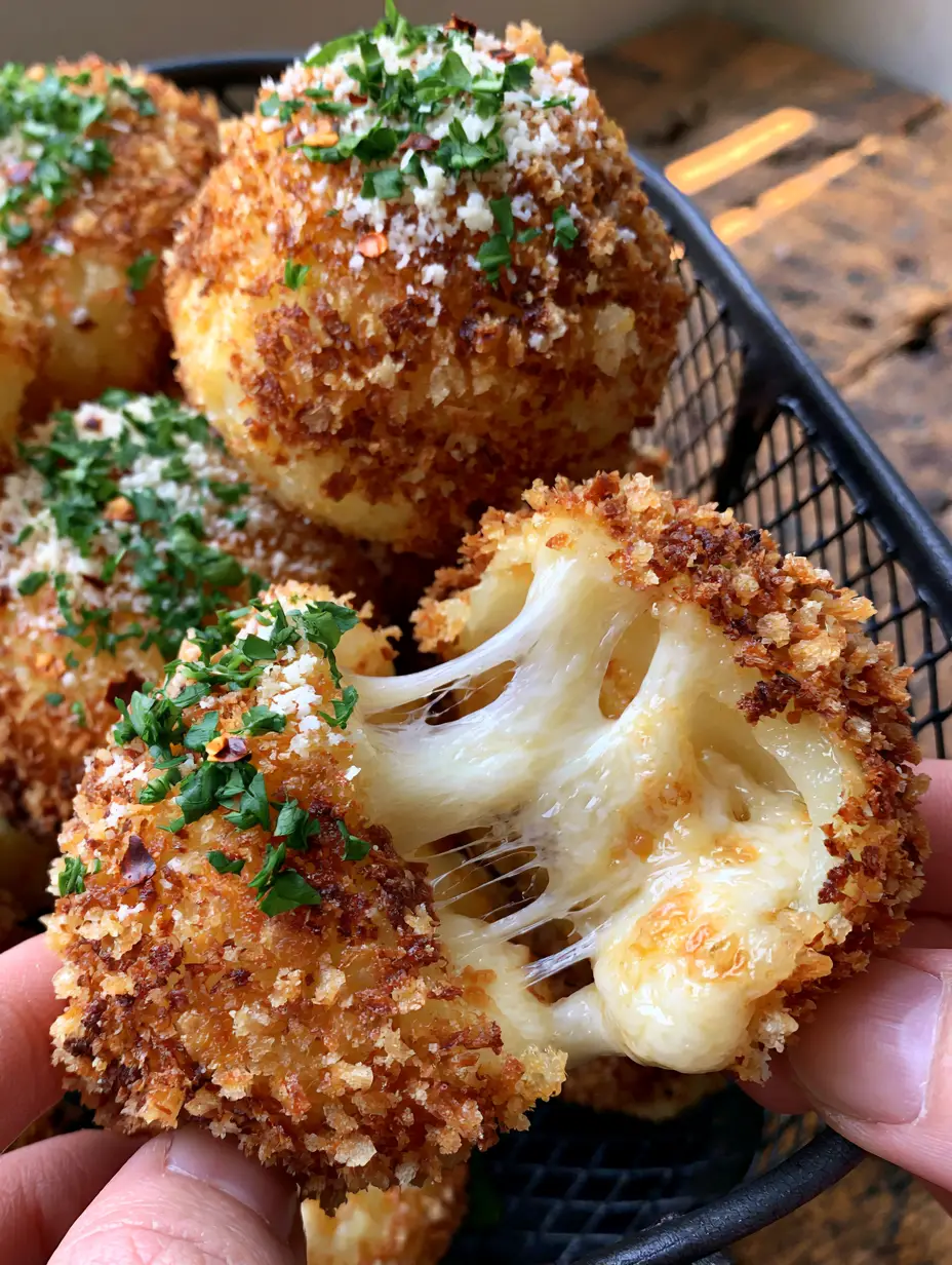 Extreme close-up macro shot of golden-brown air-fried potato balls being pulled apart to reveal a steaming mozzarella cheese pull. (potato balls recipe)