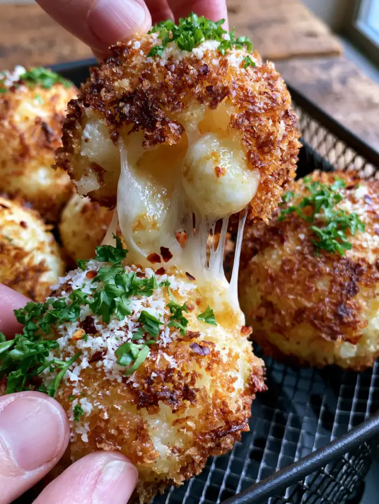 A cluster of golden panko-crusted potato balls in a black air fryer basket garnished with parsley and parmesan. (potato balls recipe)