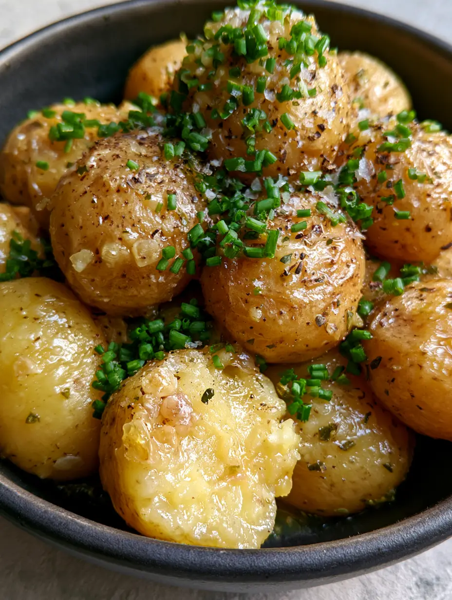 Slow Cooker Baby Potatoes with Garlic Butter and Fresh Chives 4 Close-up of slow cooker baby potatoes with wrinkled skins and translucent garlic bits. (slow cooker baby potatoes)