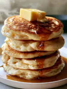 Extreme close-up of a 5-stack of pancakes showing the golden-brown lace pattern and rising steam. (how to make pancakes)
