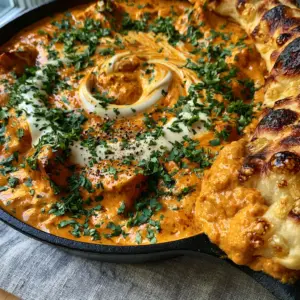 Close-up of a Butter Chicken recipe showing the glossy orange sauce and tender chicken thighs in a cast iron pan.