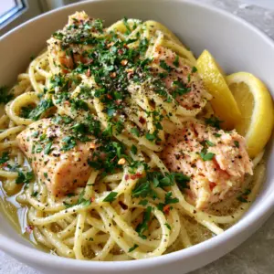 Extreme macro close-up of canned salmon pasta showing glossy sauce, moist pink salmon flakes, and vibrant green parsley.