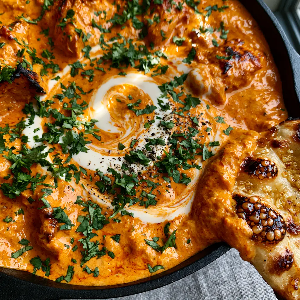 Charred garlic naan dipping into a thick Butter Chicken recipe sauce with heavy cream drizzle.