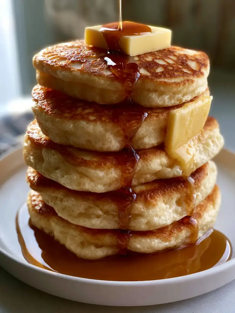Low-angle shot of thick pancakes with viscous dark amber maple syrup mid-drip.