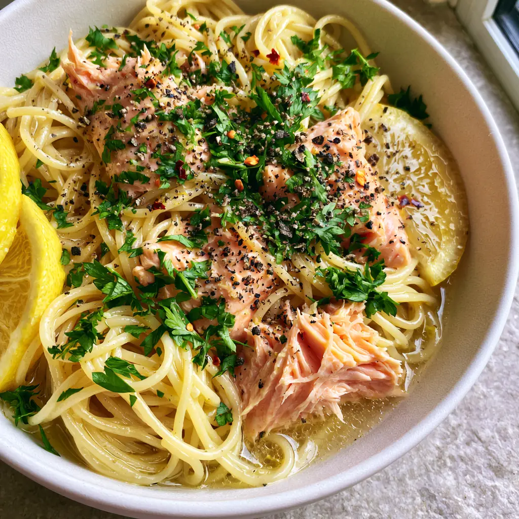 Top-down view of al dente spaghetti and pink salmon chunks garnished with red chili flakes and cracked black pepper.