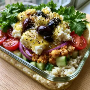 Close-up handheld smartphone photo of a Mediterranean quinoa salad showing detailed textures of spiced chickpeas and zesty dressing. (Mediterranean quinoa salad)