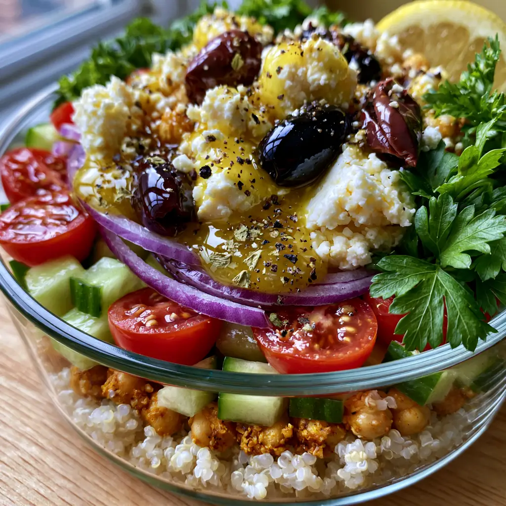 Mediterranean Quinoa Salad: The Ultimate Vibrant Meal Prep Guide 1 A top-down view of Mediterranean quinoa salad featuring bright red tomatoes, purple onions, and creamy feta cheese.