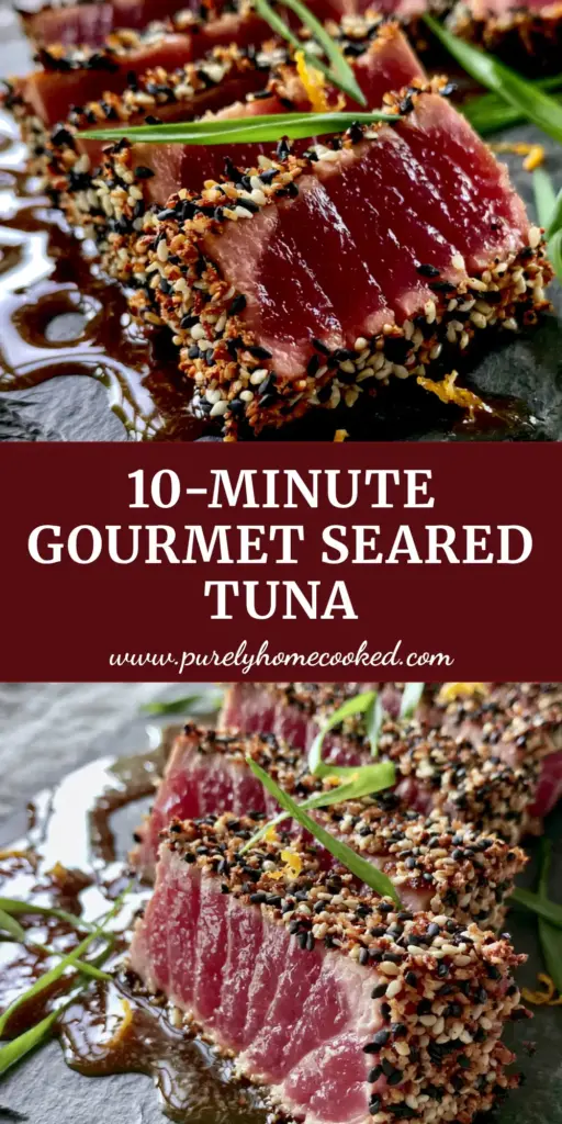 A high-angle shot of pan-seared tuna steaks with a sesame seed crust sliced to show a ruby-red rare center on a dark plate. (pan-seared tuna steaks)