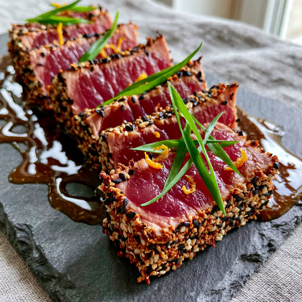 Pan-seared tuna steaks drizzled with glossy ginger-soy reduction and garnished with orange zest and scallions on a dark slate plate.