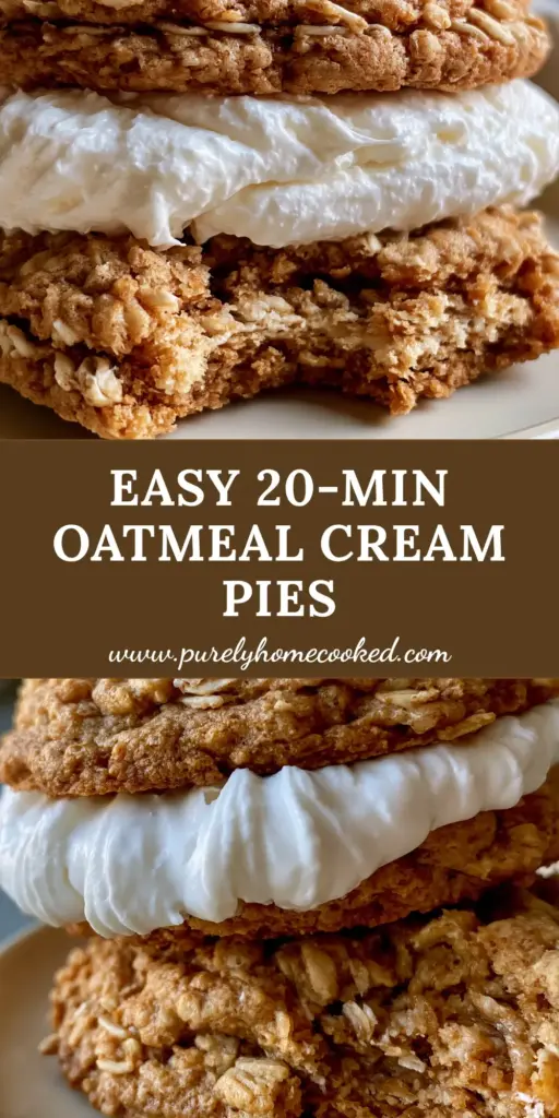 A stack of homemade oatmeal cream pies on a ceramic plate, showing thick marshmallow filling and visible oats. (oatmeal cream pies)