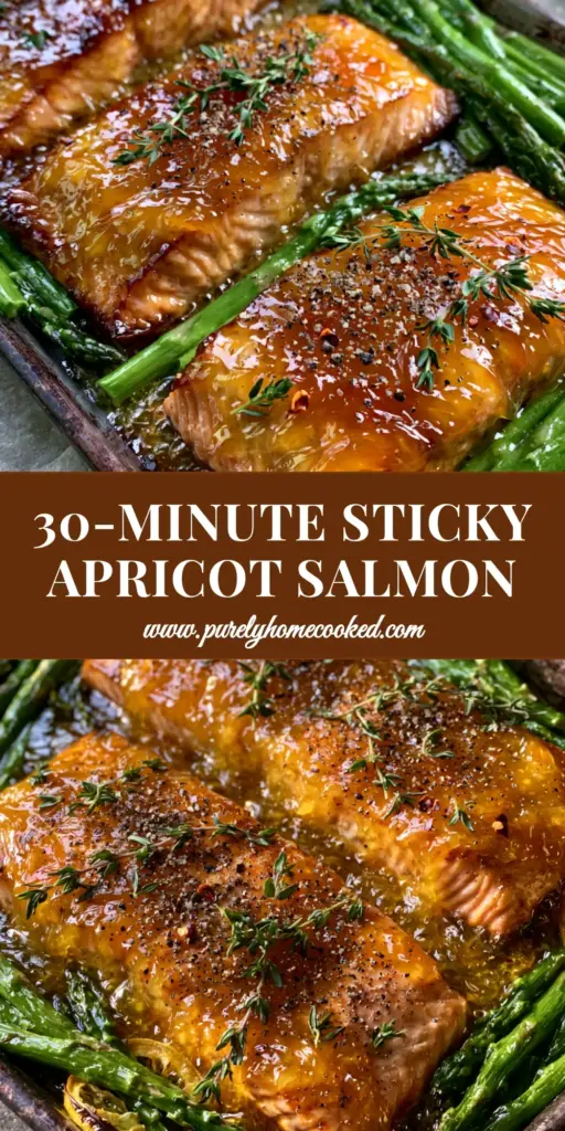 Apricot Dijon Glazed Salmon: The Ultimate Sheet Pan Gourmet Dinner 3 A top-down view of three thick salmon fillets with a glossy apricot-dijon glaze, roasted asparagus, and charred lemons on a dark pan. (Apricot Dijon Glazed Salmon)