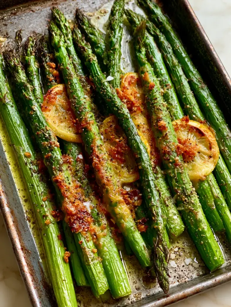 Sheet Pan Asparagus with Garlic Parmesan Crust and Charred Lemons 1 Angled shot of roasted asparagus on a weathered metal sheet pan with charred lemon rounds and sea salt garnish. (sheet pan asparagus)