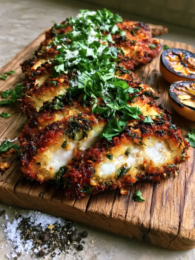 Italian Basil Chicken Cutlets with Extra Crispy Panko Crust 2 Close-up hero shot of extra crispy Italian Basil Chicken Cutlets with jagged panko crust and fresh basil chiffonade on a wood board. (Italian Basil Chicken Cutlets)