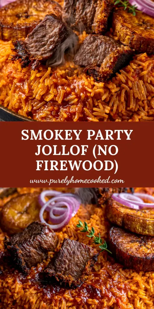 A close-up of Nigerian party jollof rice in a cast iron pot with seared beef, fried plantains, and red onion rings.