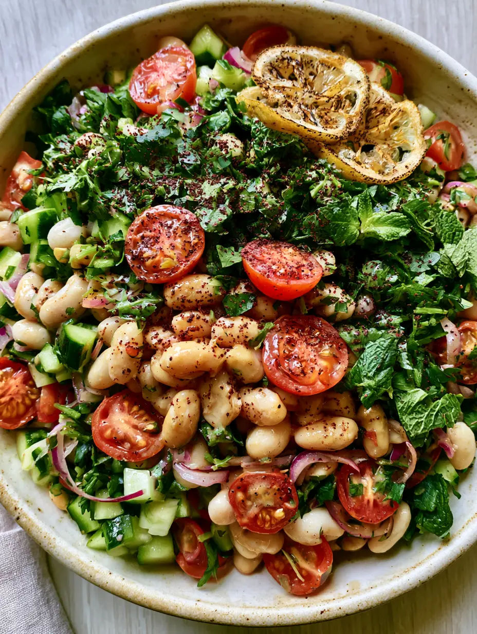 White Bean Salad with Creamy Lemon-Tahini Dressing and Charred Lemons 3 Close-up of glossy white bean salad with creamy cannellini beans and fresh herbs in natural light.
