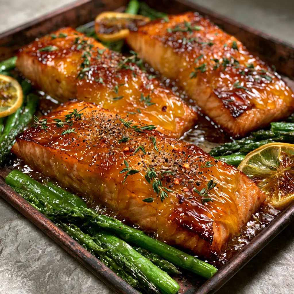 Apricot Dijon Glazed Salmon: The Ultimate Sheet Pan Gourmet Dinner 2 Close up of thick succulent salmon fillets with a bubbling, translucent golden-orange apricot-dijon glaze and fresh thyme. (Apricot Dijon Glazed Salmon)