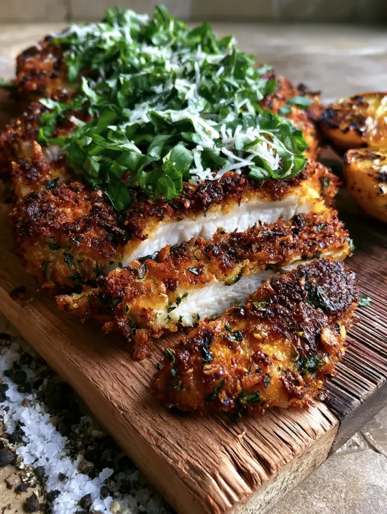 Italian Basil Chicken Cutlets with Extra Crispy Panko Crust 1 Cross-section of succulent white meat Italian Basil Chicken Cutlets with visible steam and microplane parmesan dusting. (Italian Basil Chicken Cutlets)