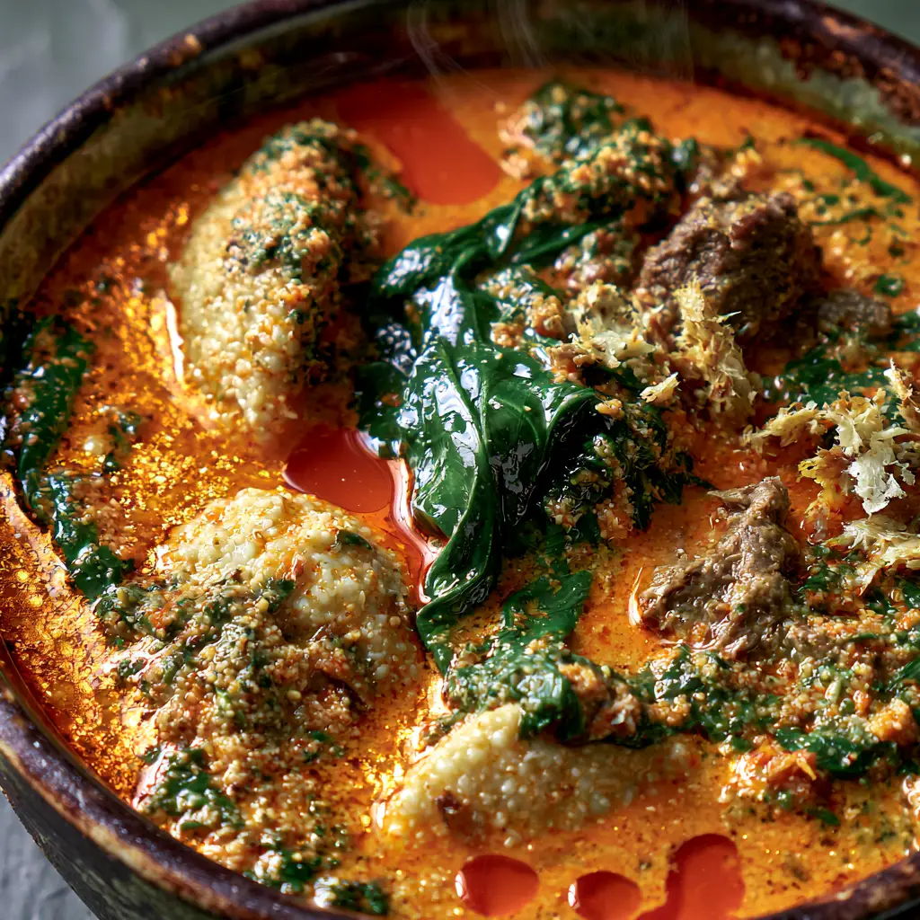 Egusi Soup: The Ultimate Guide to Making Authentic Nigerian Melon Seed Stew with Perfect Lumps 2 Extreme macro close-up of Egusi Soup showing creamy-white toasted melon seed clusters and succulent beef chunks. (Egusi Soup)