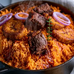 Macro view of Nigerian party jollof rice grains coated in a glossy tomato-pepper sauce with visible steam.