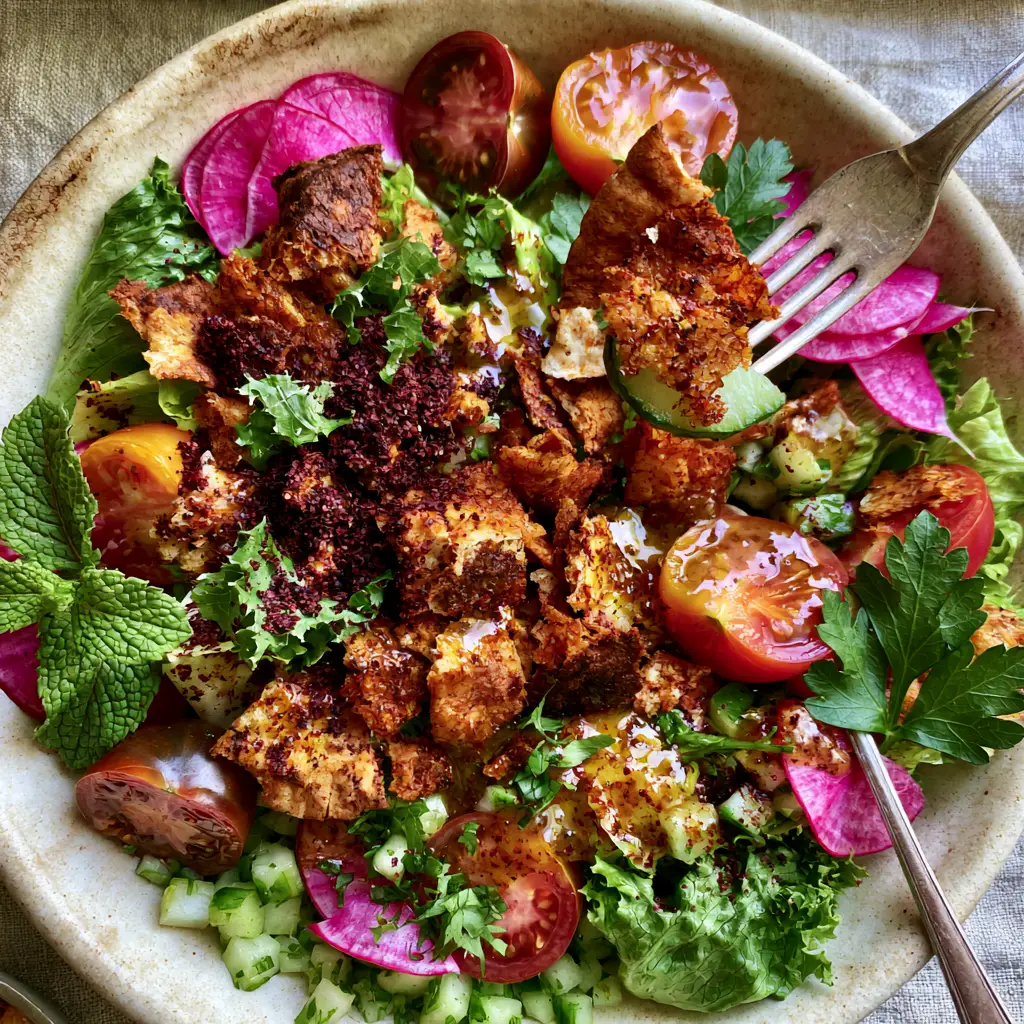 Macro view of crunchy fried pita chips and glistening sumac dressing on a Middle Eastern salad.