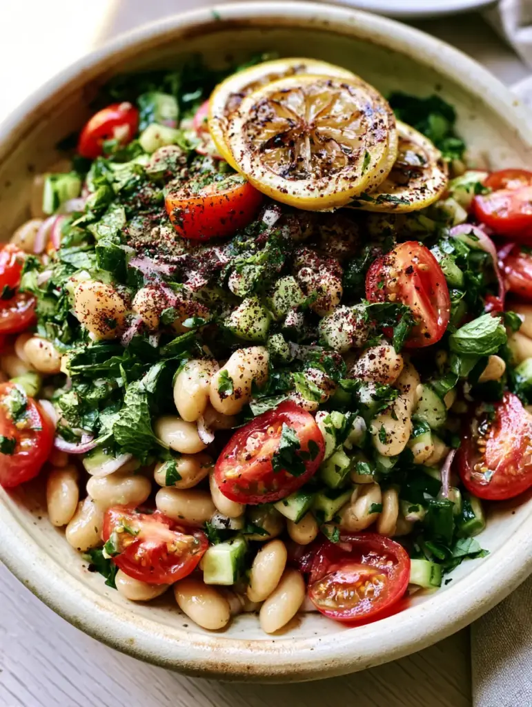 White Bean Salad with Creamy Lemon-Tahini Dressing and Charred Lemons 1 Slivered red onions and quartered cherry tomatoes mixed into a white bean salad garnished with charred lemons.