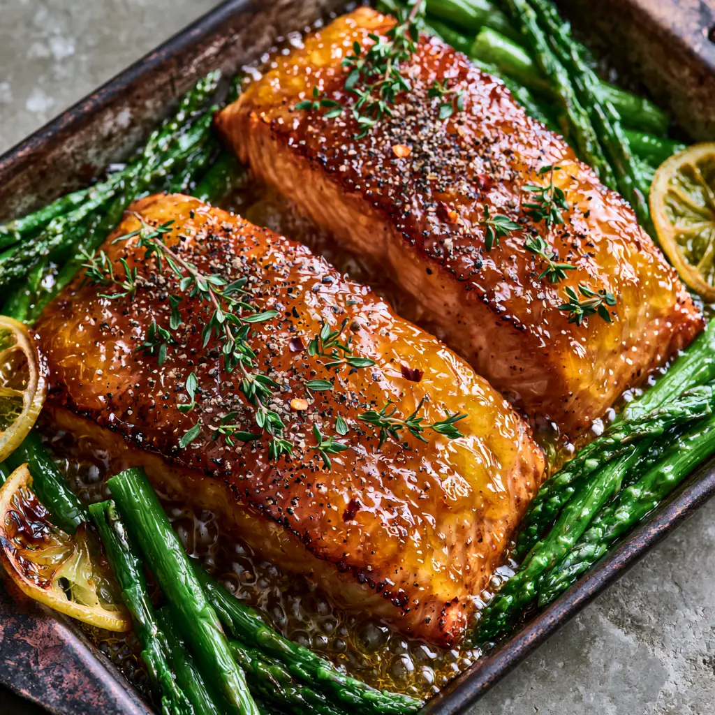 Apricot Dijon Glazed Salmon: The Ultimate Sheet Pan Gourmet Dinner 1 Top down angled view of sheet pan salmon with asparagus spears and charred lemon slices on a rustic grey background.