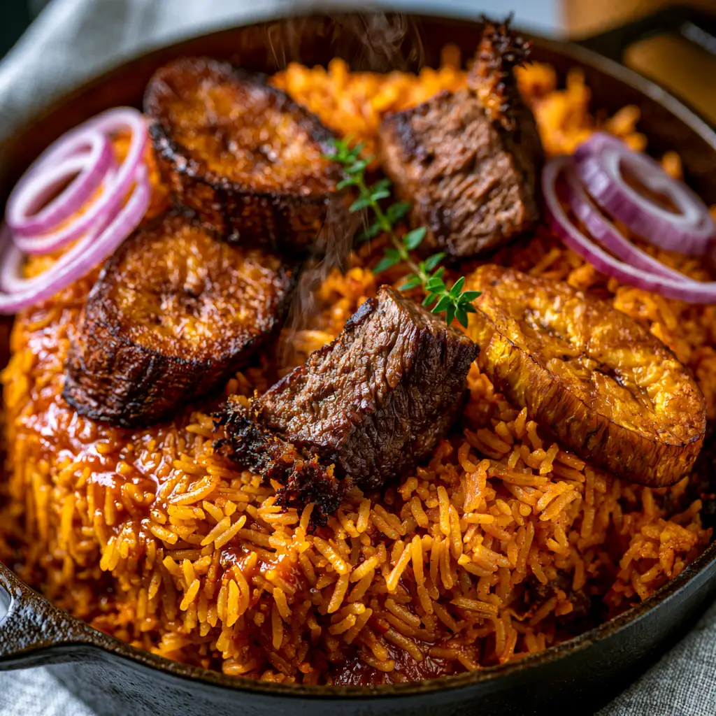 Detailed shot of Nigerian party jollof rice topped with succulent seared beef chunks and caramelized plantains.