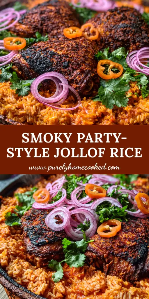 Chicken Jollof Rice: The Ultimate Guide to Smoky, One-Pot Perfection 4 A rustic cast iron pot filled with vibrant orange-red Chicken Jollof Rice, topped with three crispy seared chicken thighs, raw red onion rings, fresh cilantro, and scotch bonnet slices.