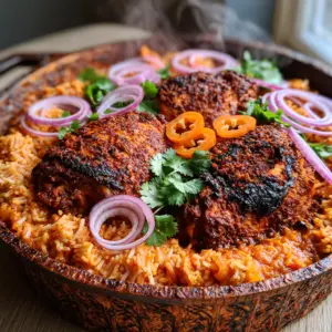 Close up photo of Chicken Jollof Rice showing perfectly separated rice grains and charred chicken skin garnished with bright cilantro.