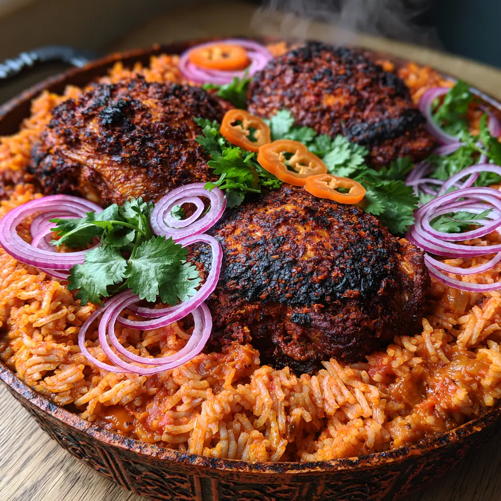 Chicken Jollof Rice: The Ultimate Guide to Smoky, One-Pot Perfection 1 Overhead view of Chicken Jollof Rice in a rustic pot with steam rising, featuring red onion garnishes and succulent chicken thighs.