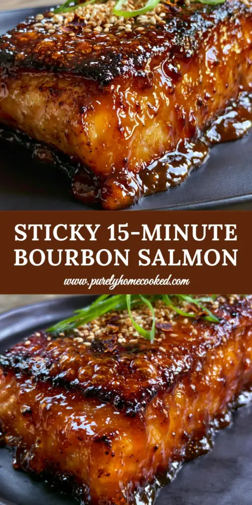 Salmon with Bourbon Glaze: The Ultimate Sticky, Caramelized Pan-Seared Recipe 4 Extreme close-up of a thick seared salmon fillet with glistening honey bourbon glaze, toasted sesame seeds, and green scallions on a black plate. (Salmon with Bourbon Glaze)
