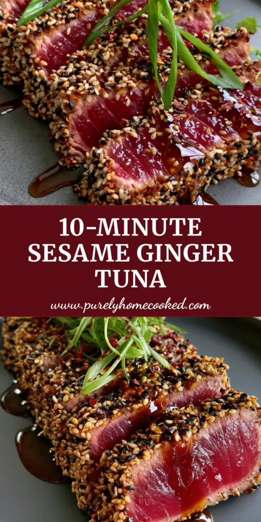 Sesame Ginger Tuna Steak: The Ultimate Pan-Seared Ahi Recipe 4 A close-up of a Sesame Ginger Tuna Steak sliced into medallions on a slate board, showing a rare pink center and sesame crust.