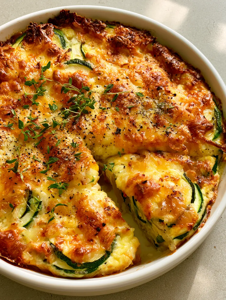 Zucchini Onion Pie: The Ultimate Savory Summer Classic 3 High-angle view of a Zucchini Onion Pie showing vibrant green squash rounds and bubbling sharp cheddar cheese.