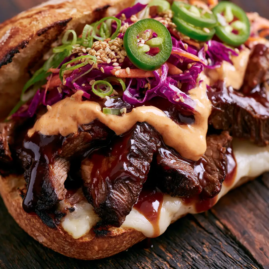 Korean Steak Sandwich with Glossy Mahogany Glaze and Gochujang Aioli 1 Close-up of seared ribeye strips coated in a thick mahogany glaze with an orange aioli drizzle.