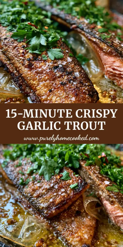 Pan-Seared Rainbow Trout with Crispy Skin and Garlic Butter 3 Close-up of two pan-seared rainbow trout fillets in a cast iron skillet with garlic butter, caramelized lemons, and parsley. (Pan-seared rainbow trout)