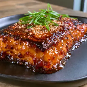 Detailed view of the dark bubbly caramelized crust on a Salmon with Bourbon Glaze fillet. (Salmon with Bourbon Glaze)