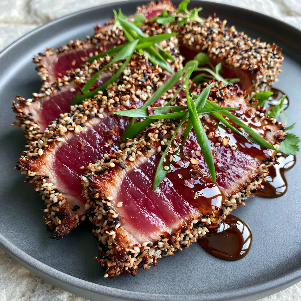 Sesame Ginger Tuna Steak: The Ultimate Pan-Seared Ahi Recipe 2 Slices of Sesame Ginger Tuna Steak with a ruby-pink rare center and crunchy black and white sesame seed coating. (Sesame Ginger Tuna Steak)
