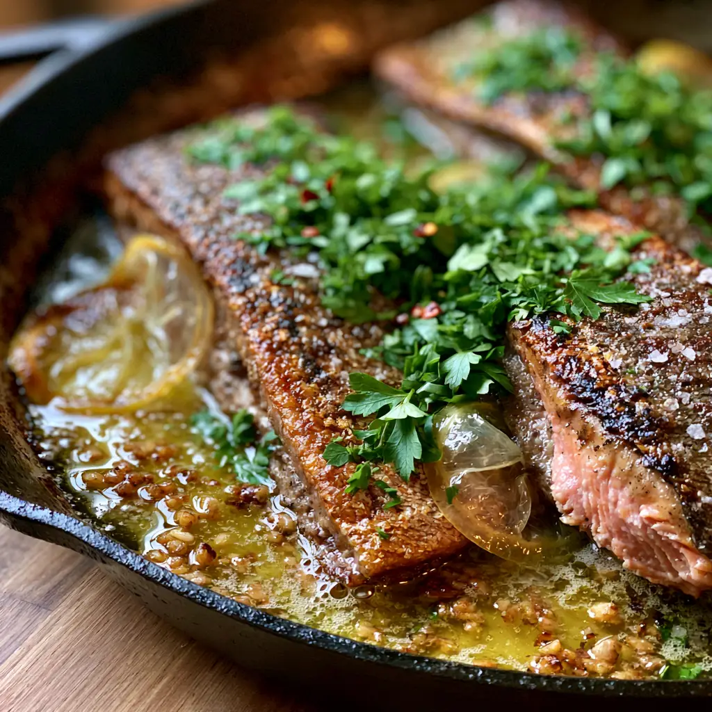 Pan-Seared Rainbow Trout with Crispy Skin and Garlic Butter 2 A handheld smartphone photo showing the golden garlic butter sauce bubbling around crispy rainbow trout fillets. (Pan-seared rainbow trout)