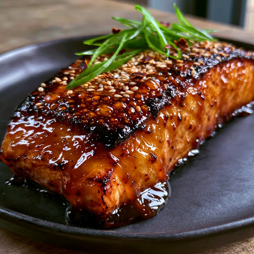 Salmon with Bourbon Glaze: The Ultimate Sticky, Caramelized Pan-Seared Recipe 1 Thick amber bourbon glaze dripping down the side of a seared salmon fillet. (Salmon with Bourbon Glaze)