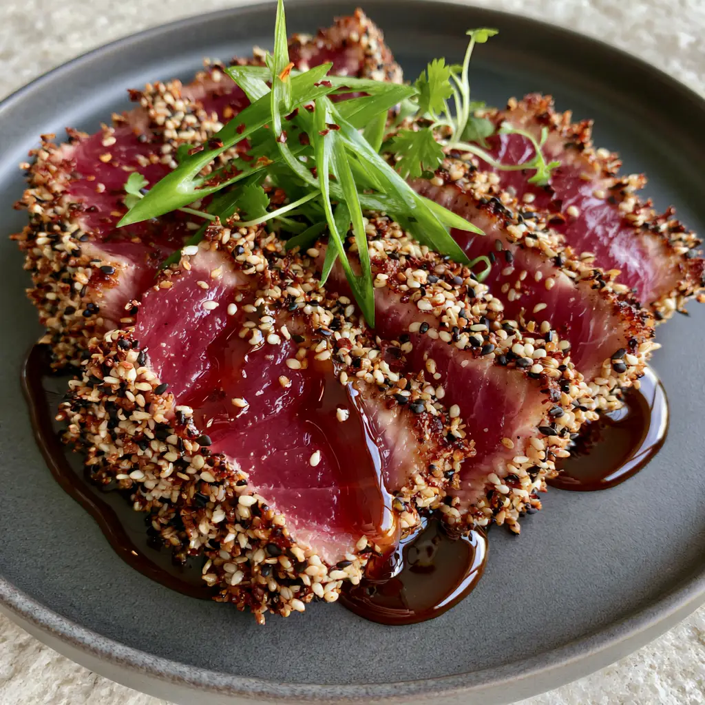 Sesame Ginger Tuna Steak: The Ultimate Pan-Seared Ahi Recipe 1 Detailed shot of the charred outer edges and thick ginger soy glaze on a Sesame Ginger Tuna Steak.